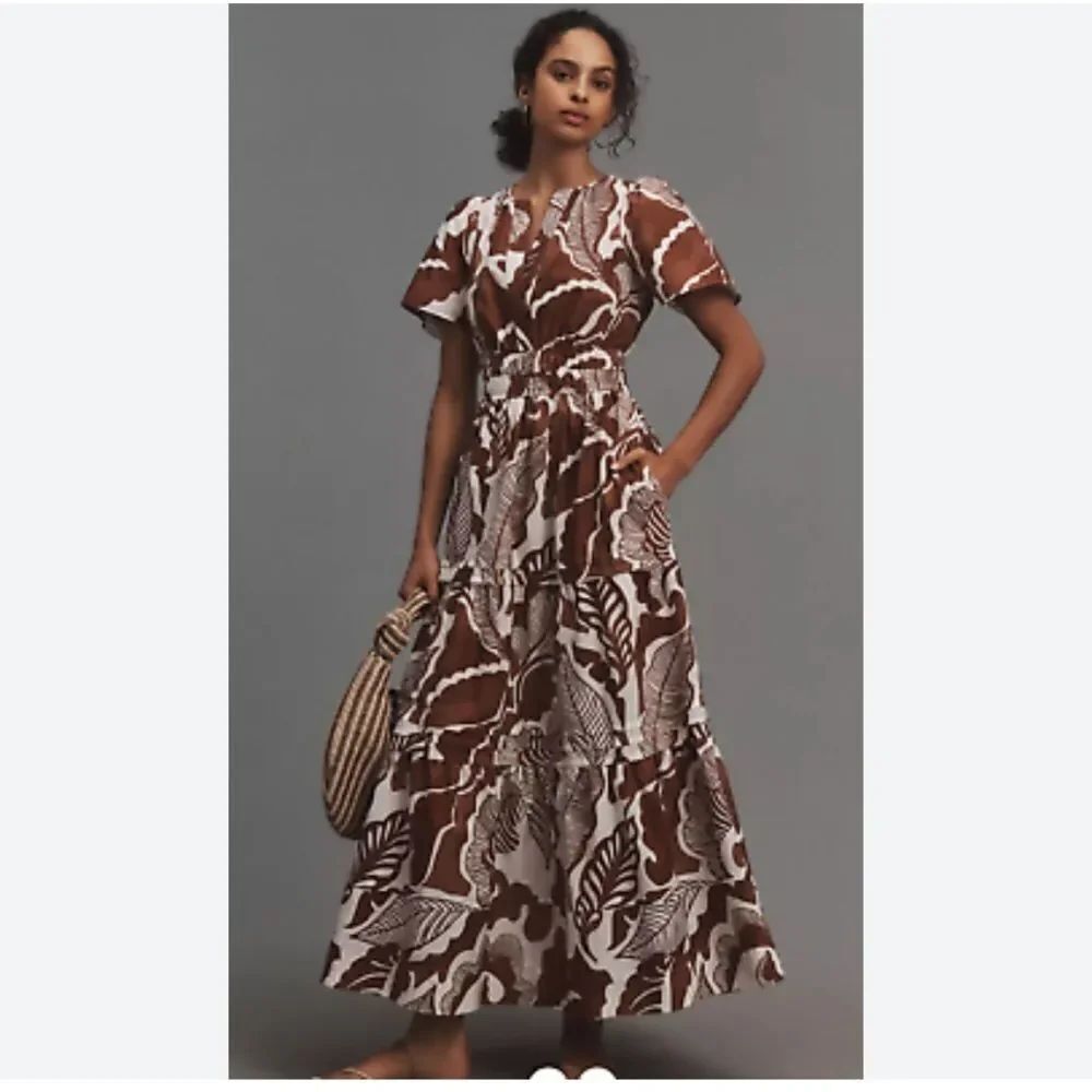 Anthropologie Brown and White Leaf Print Dress Somerset Maxi Dress